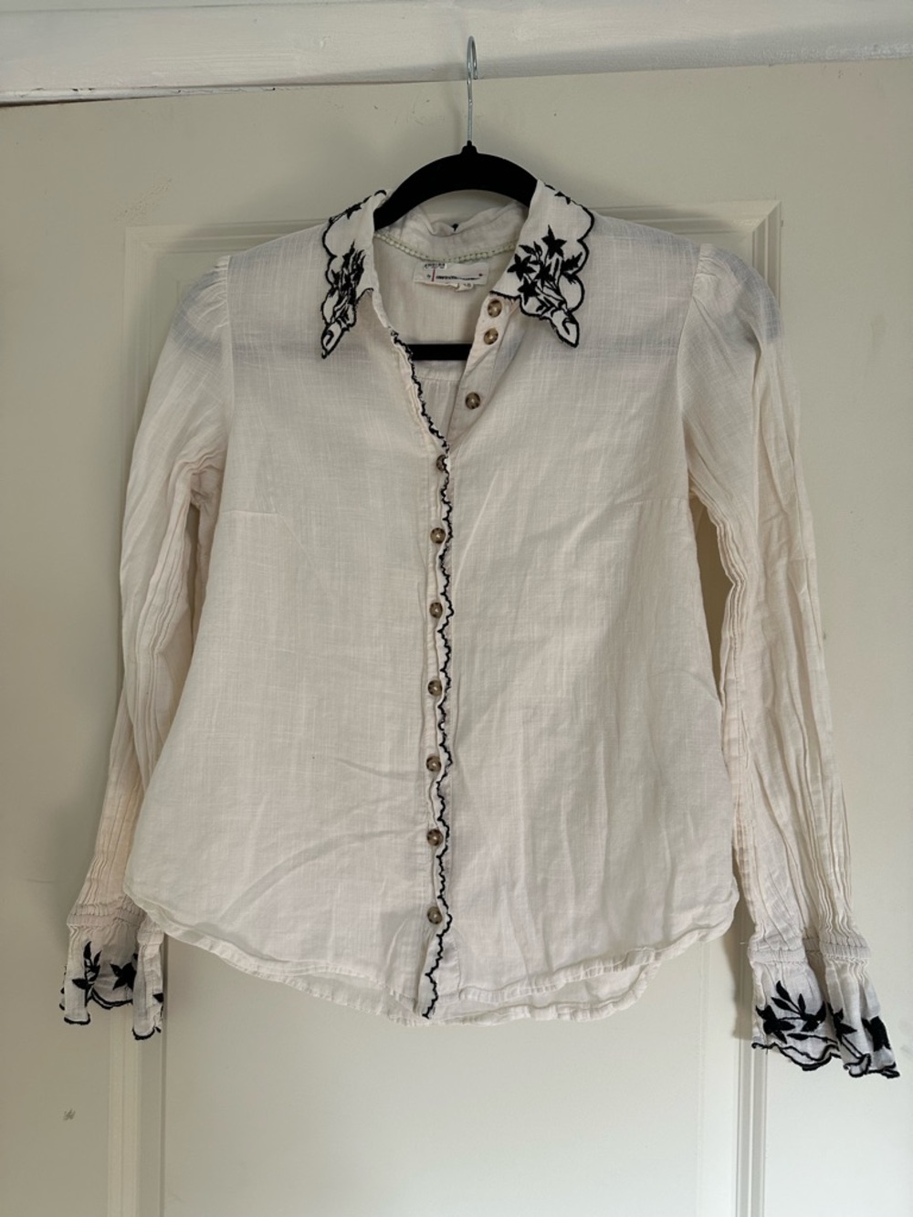 Anthropologie Cream Button-Down Shirt with Black Embroidered Collar